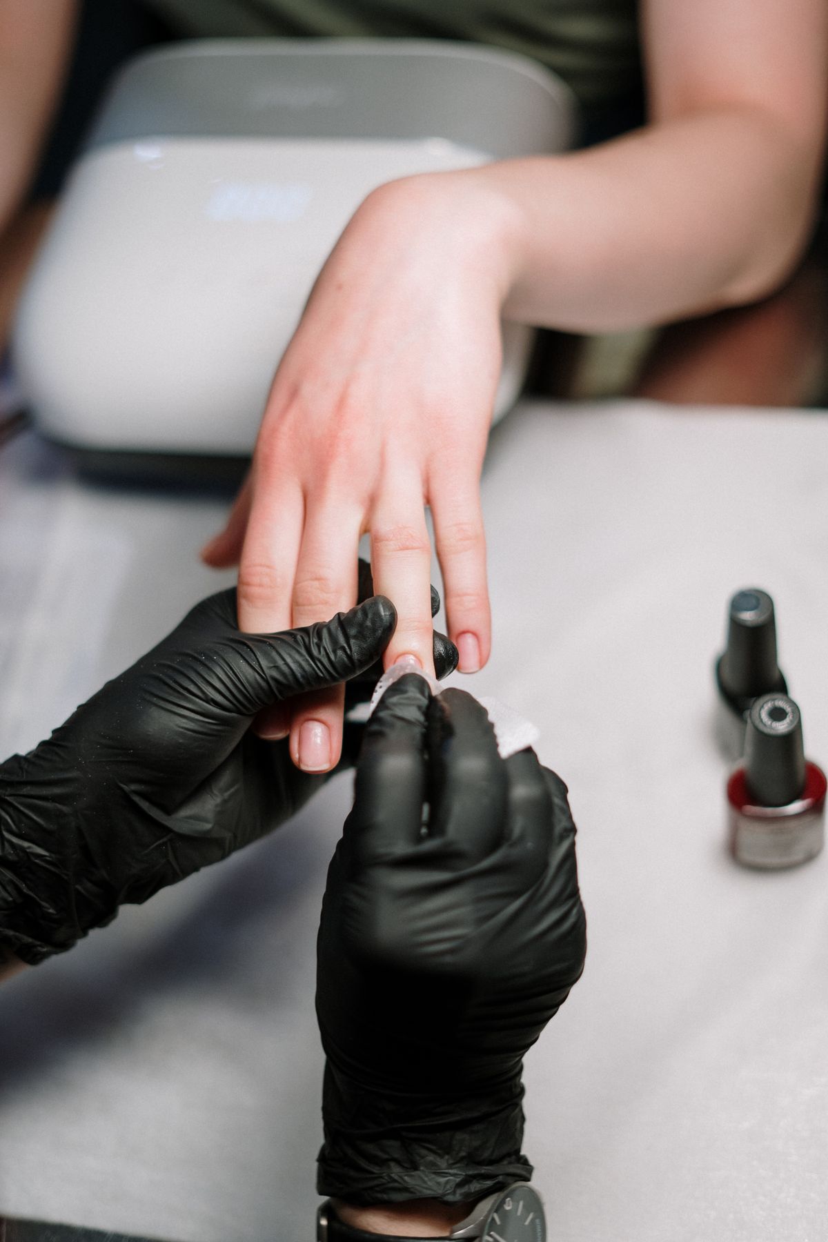 Manicure in progress at a Lake Oswego nail salon